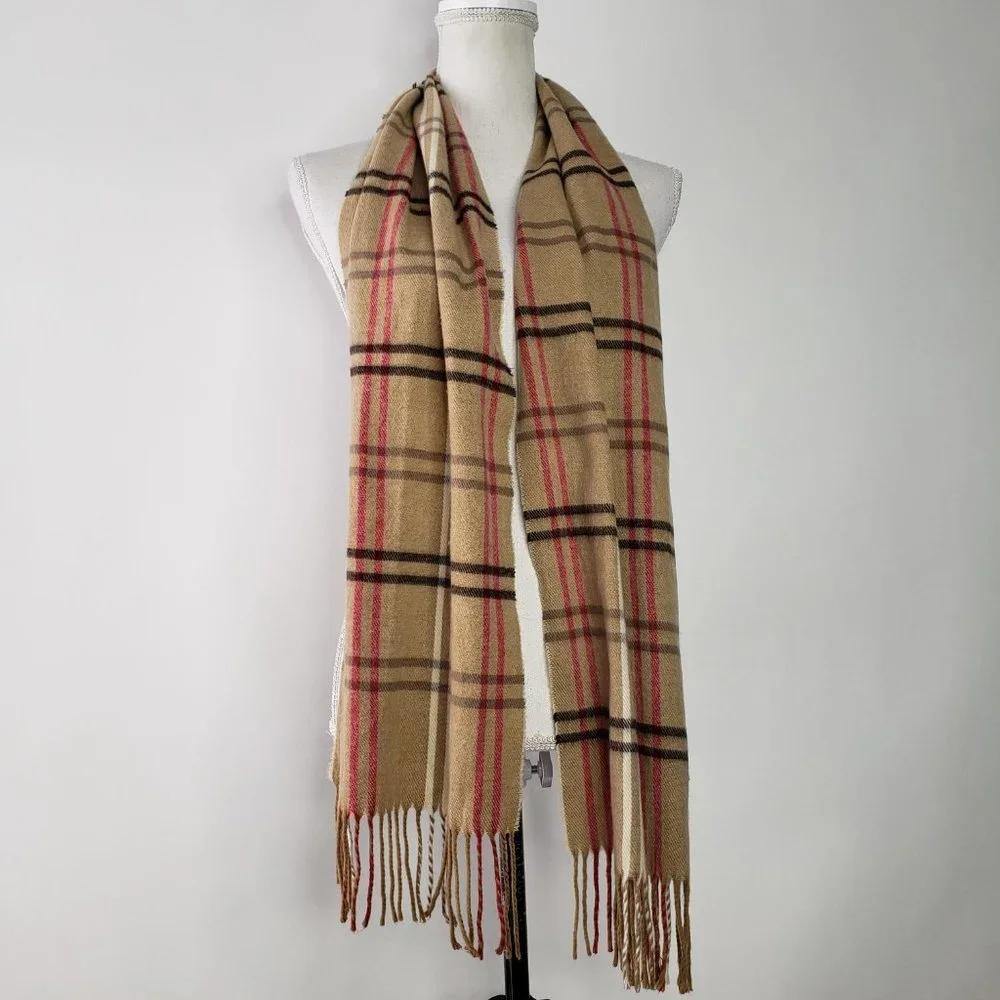 Cejon Women’s Plaid tan, red, black, cream Long Fringe Neck Scarf Warm Soft Wrap